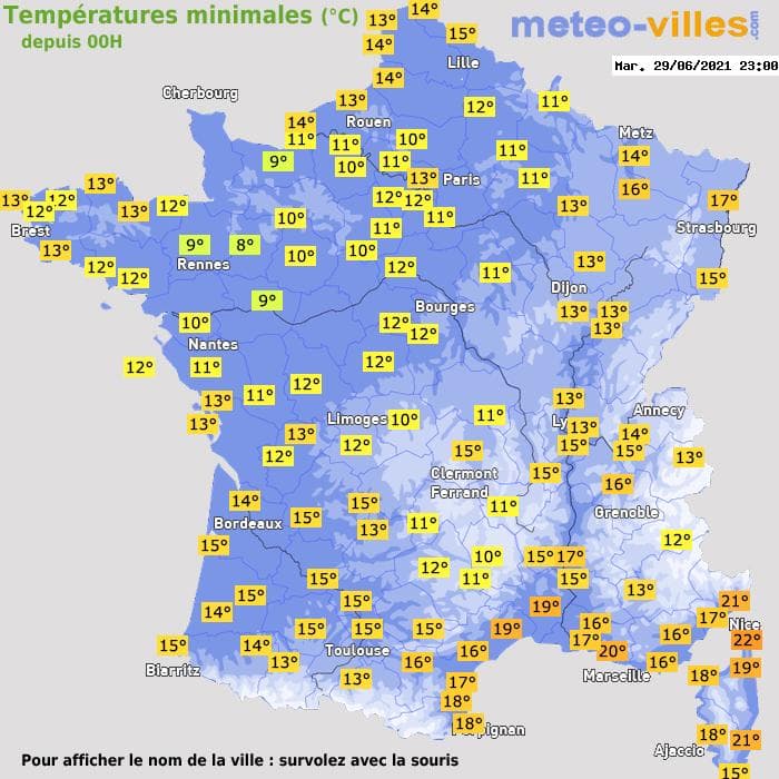 Températures minimales (°C) depuis 00h