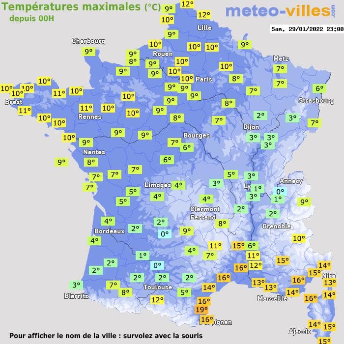 Températures maximales (°C) depuis 00h