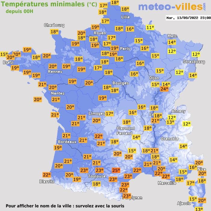 Températures minimales (°C) depuis 00h