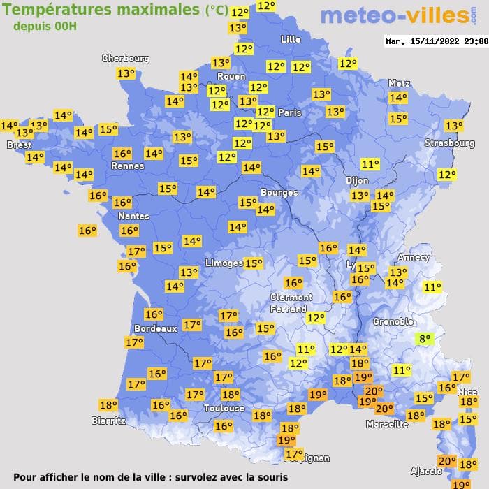 Températures maximales (°C) depuis 00h