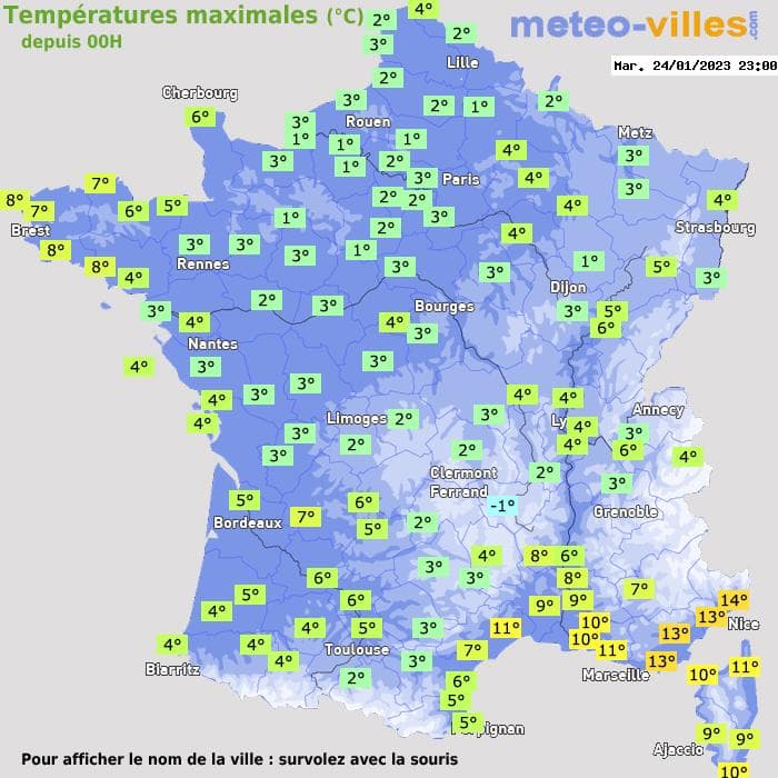 Températures maximales (°C) depuis 00h