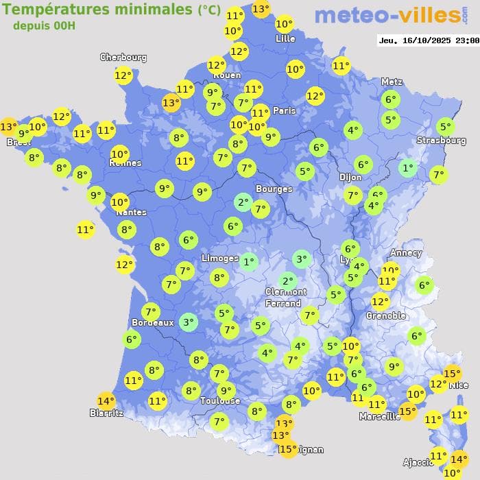 Températures minimales (°C) depuis 00h