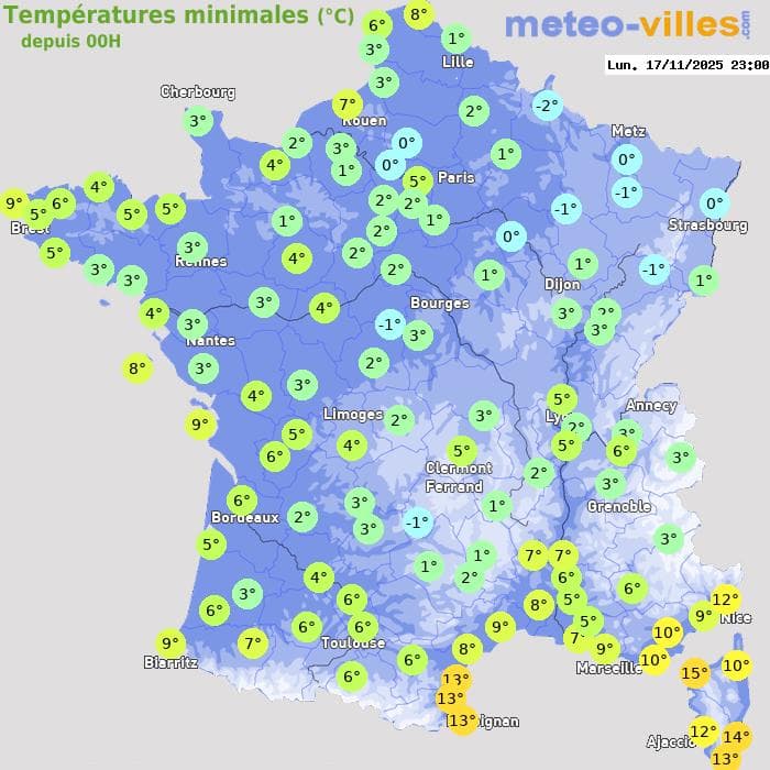 Températures minimales (°C) depuis 00h