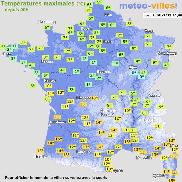 Températures maximales (°C) depuis 00h