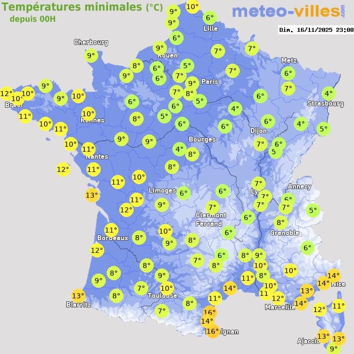 Températures minimales (°C) depuis 00h
